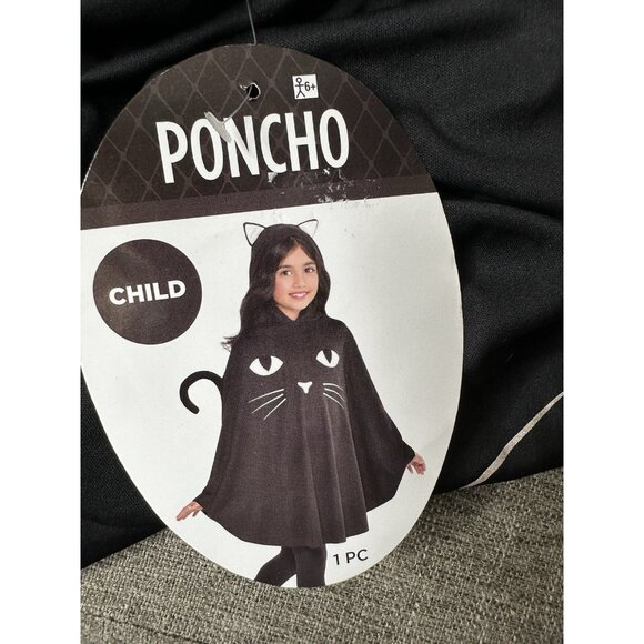 Childs Ages 6+ Black Cat Hooded Poncho Costume w/ Attached Ears & Tail Halloween - Picture 5 of 6